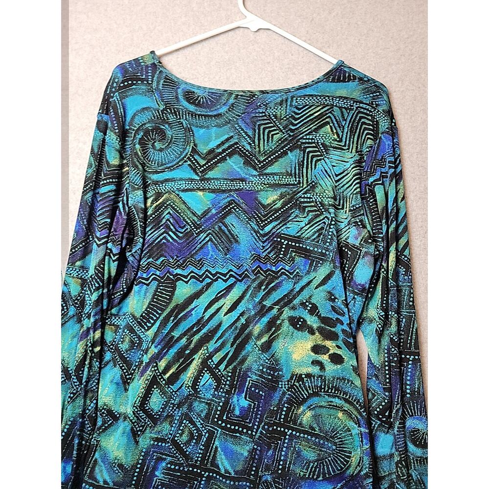 Chico's Travelers Blue Artsy Nautilus Slinky LS V Neck Blouse Women's 1 US Med - Picture 7 of 12
